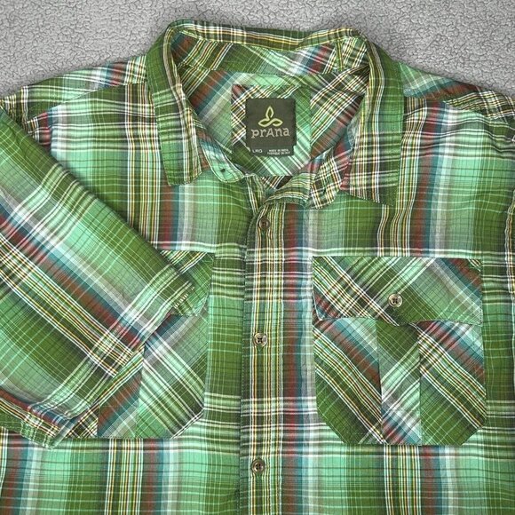 Prana Shirt Mens Large Green Tartan Plaid Western Button Up Cargo Casual READ - Picture 1 of 15